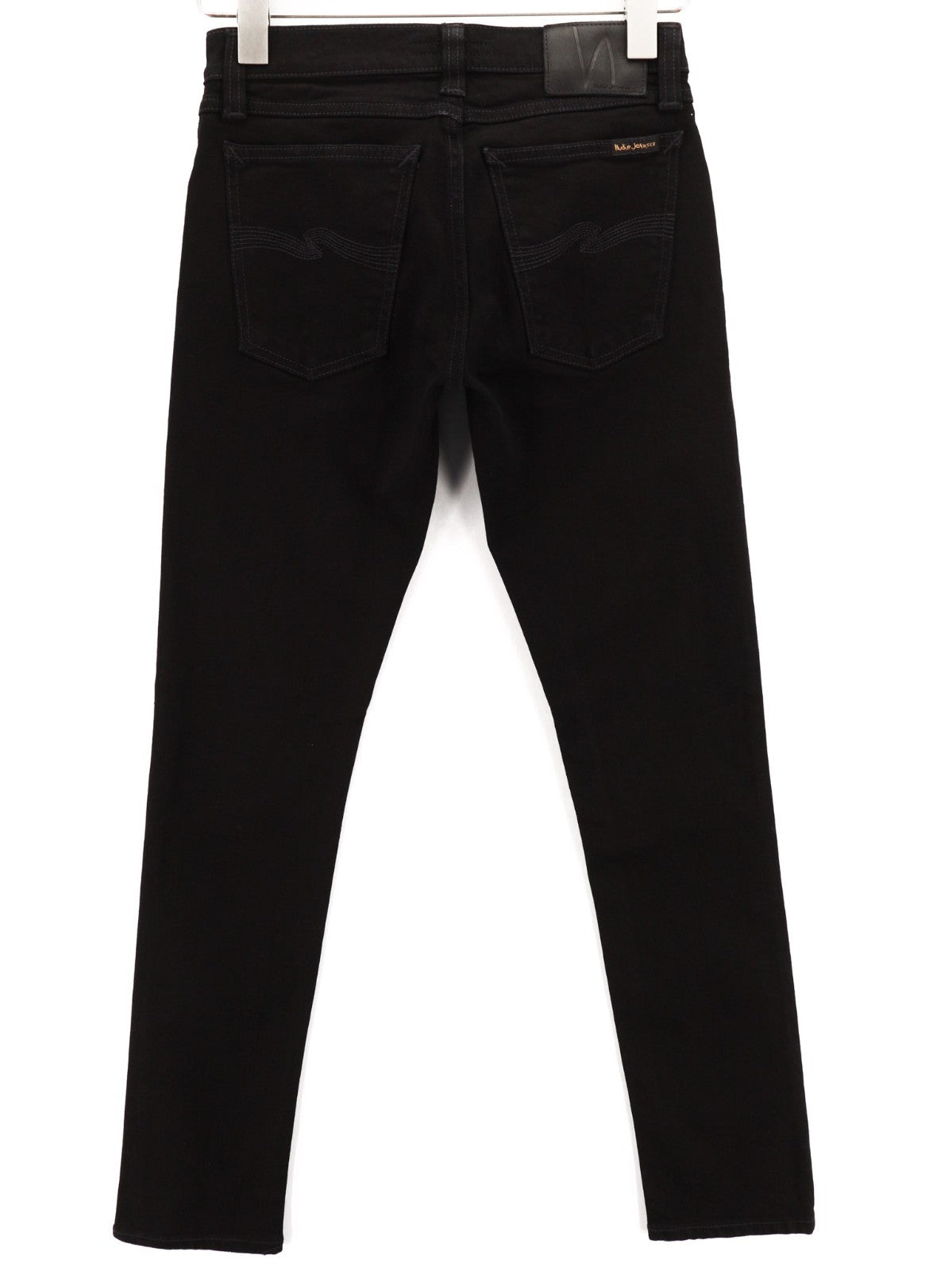 NUDIE JEANS ilgo kirpimo moteriški džinsai W26/L30 ploni tamprūs juodi džinsai 