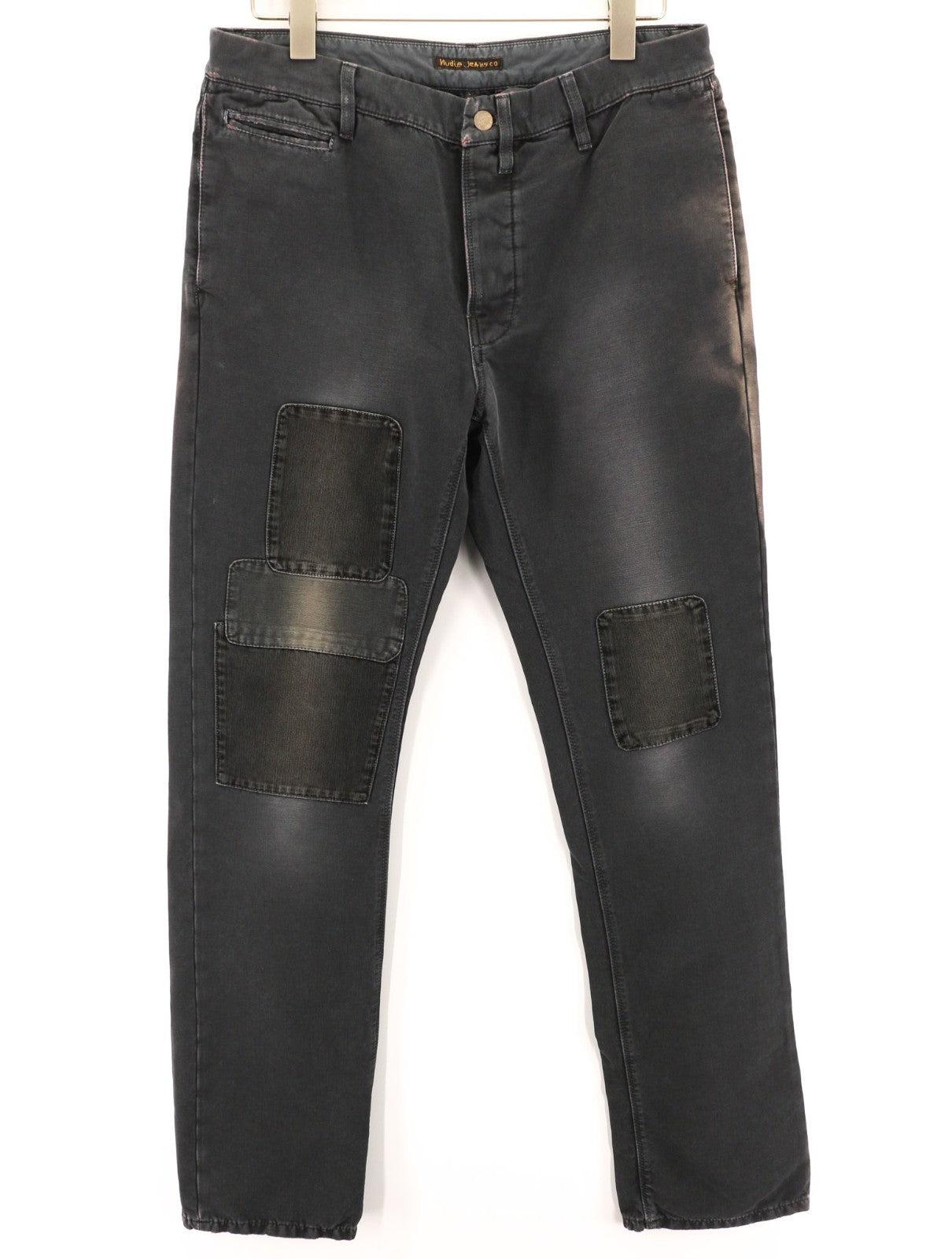 NUDIE JEANS Khaki Men's Trousers W32/L34 Regular Stretch Patched Black