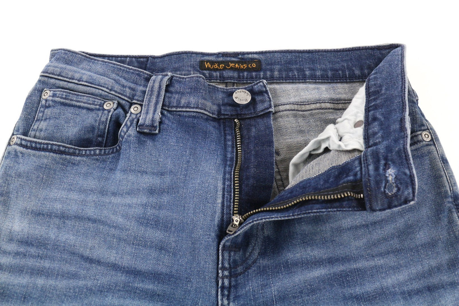 NUDIE JEANS Vyriški „High Kai“ džinsai W29/L30 Slim Stretch mėlyni, skalbti 