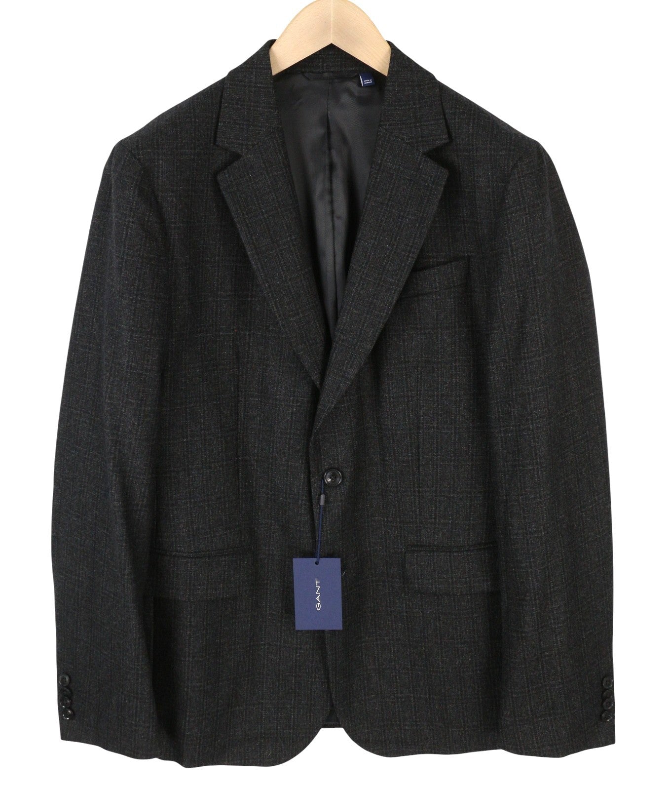 GANT Flannel Check Men Blazer EU54 Charcoal Melange Slim Wool Blend Notch Lapel