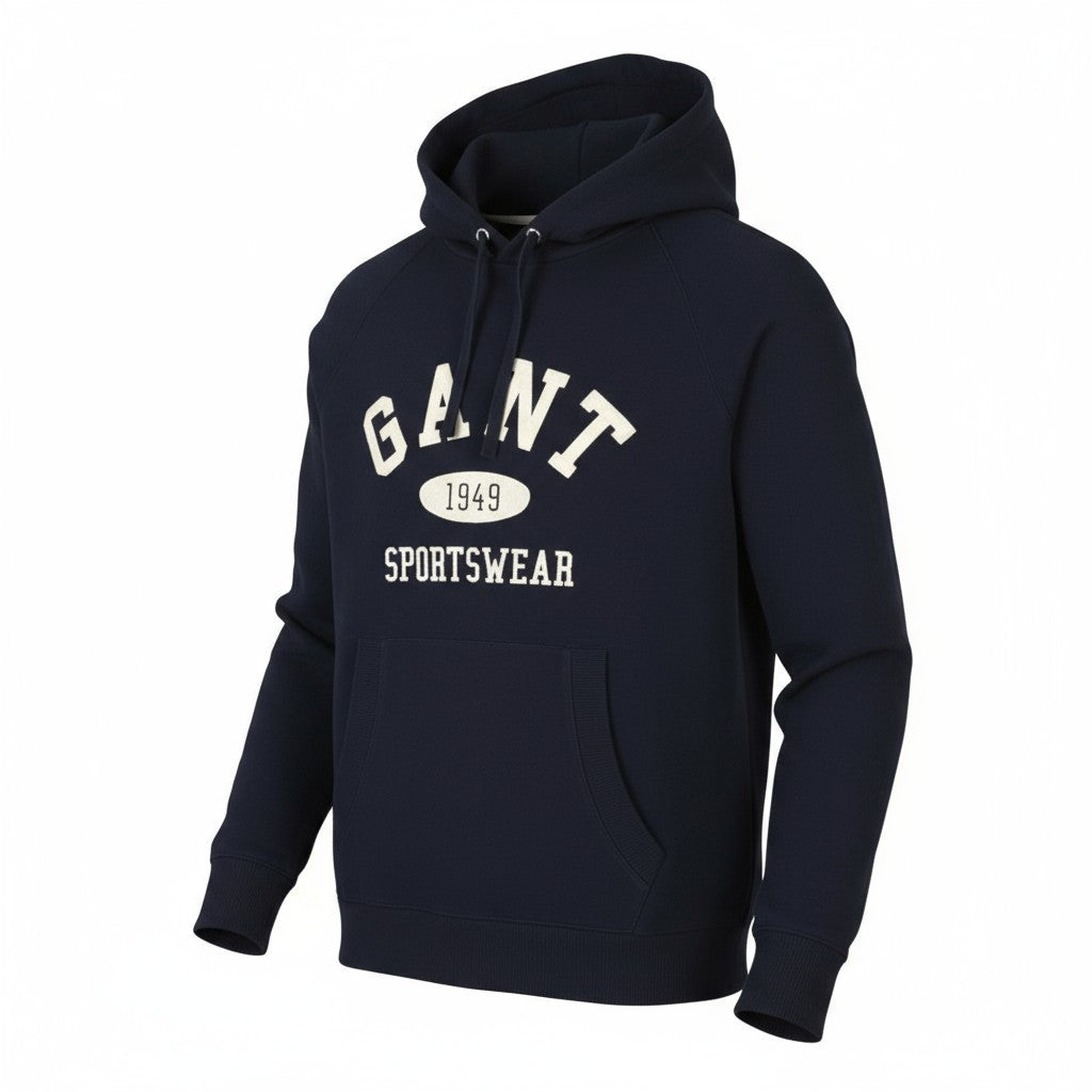 GANT Collegiate Sweat Men Hoodie L Evening Blue Cotton Kangaroo Pocket Pullover