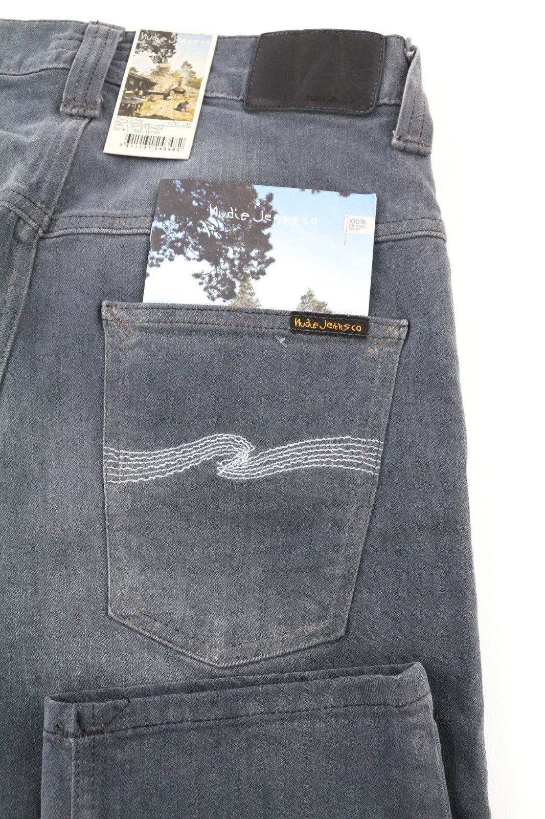 NUDIE JEANS ploni „Finn“ vyriški džinsai W30/L32 Slim Fit išblukintos pilkos medvilnės mišinio 