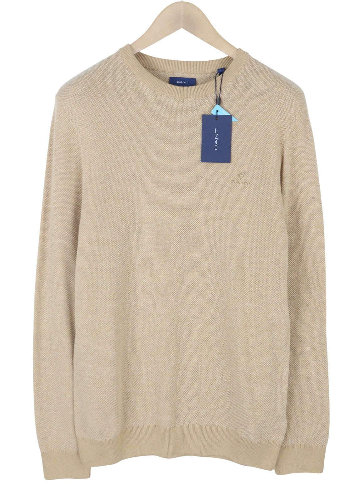 GANT Multi Texture Pique C-Neck Men Jumper L Khaki Melange Beige Knit Pullover