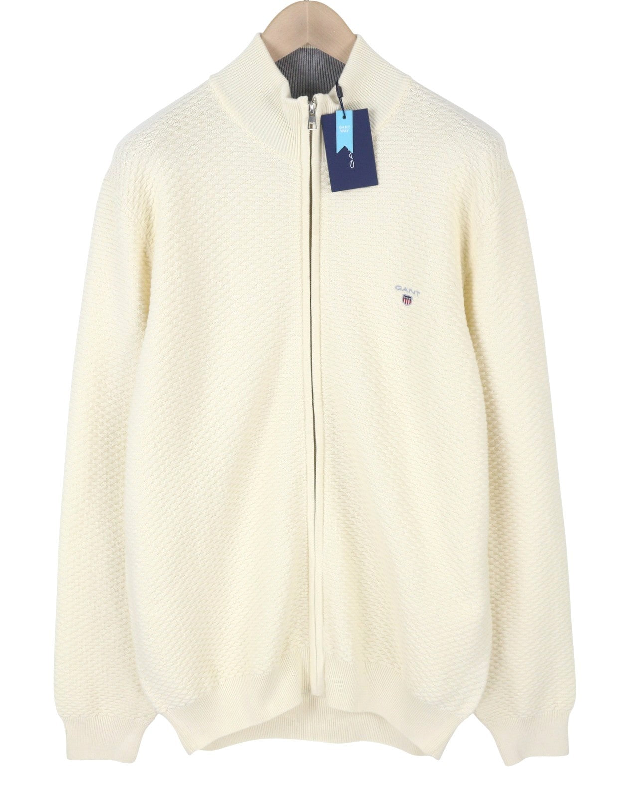 GANT Triangle Texture Full Zip Men Jumper XL Cream High Neck Knitted Stretch