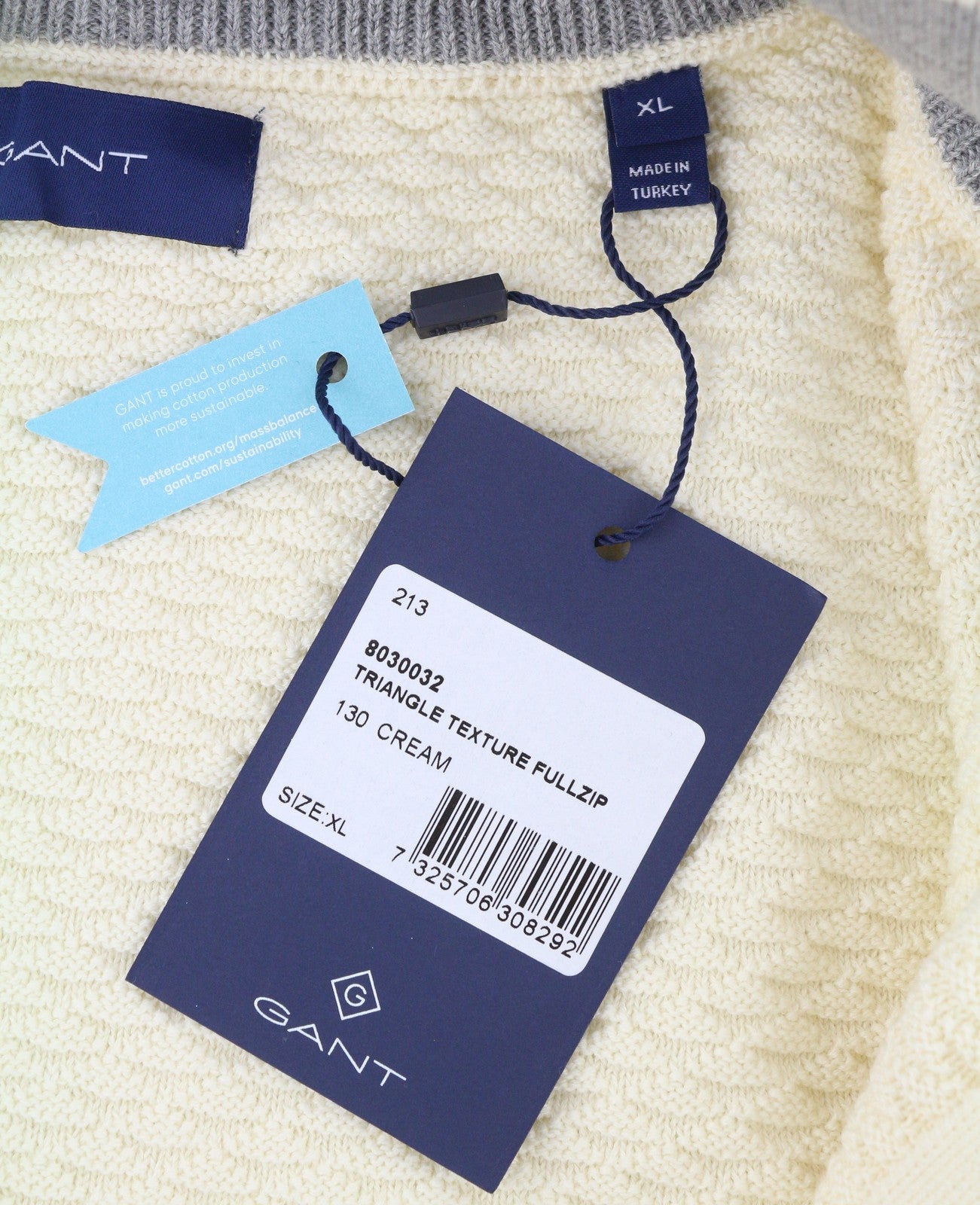 GANT Triangle Texture Full Zip Men Jumper XL Cream High Neck Knitted Stretch