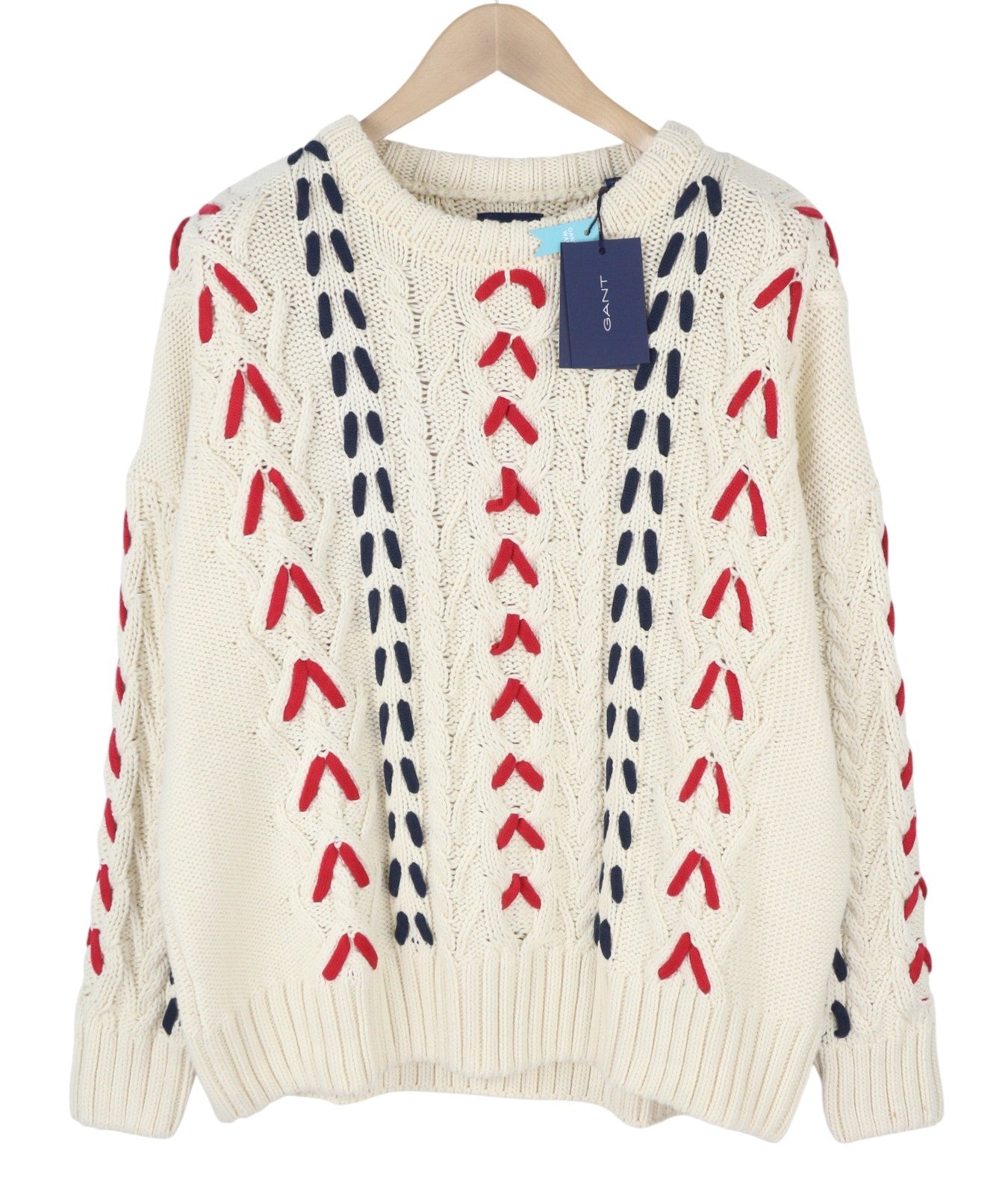 GANT Chunky Cable C-Neck Men Jumper XL Cream Wool Knit Thick Pullover RRP299