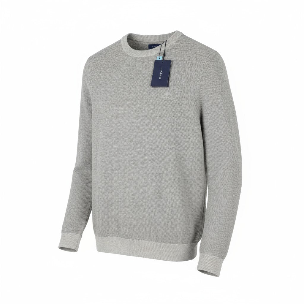 GANT Multi Texture Pique C-Neck Men Jumper S Light Grey Melange Knit Pullover