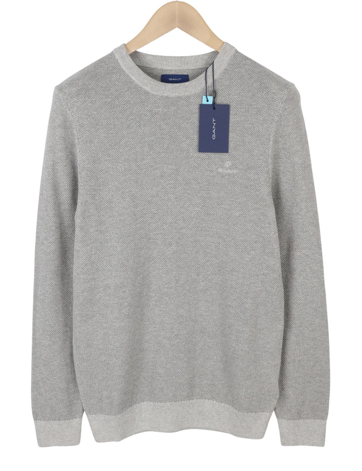 GANT Multi Texture Pique C-Neck Men Jumper S Light Grey Melange Knit Pullover