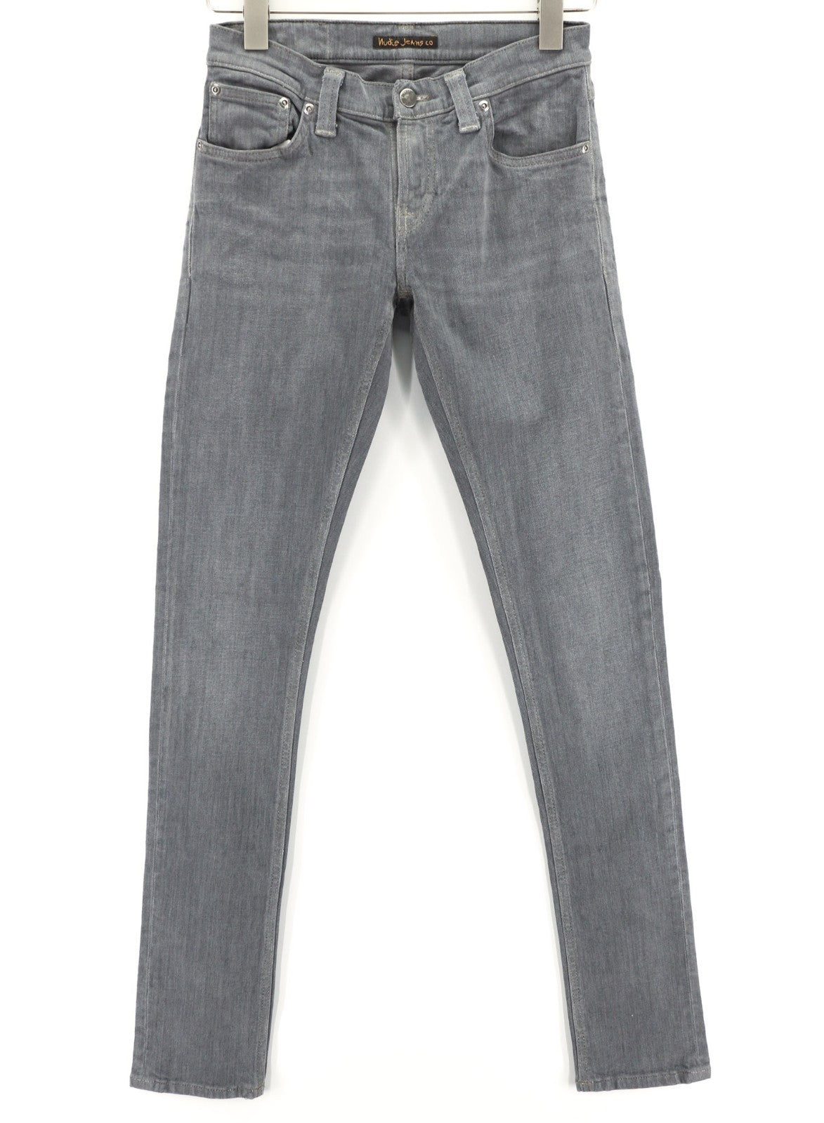 NUDIE JEANS aptempti ilgi moteriški džinsai W26/L34 tamsiai pilki, ploni, ekologiški 