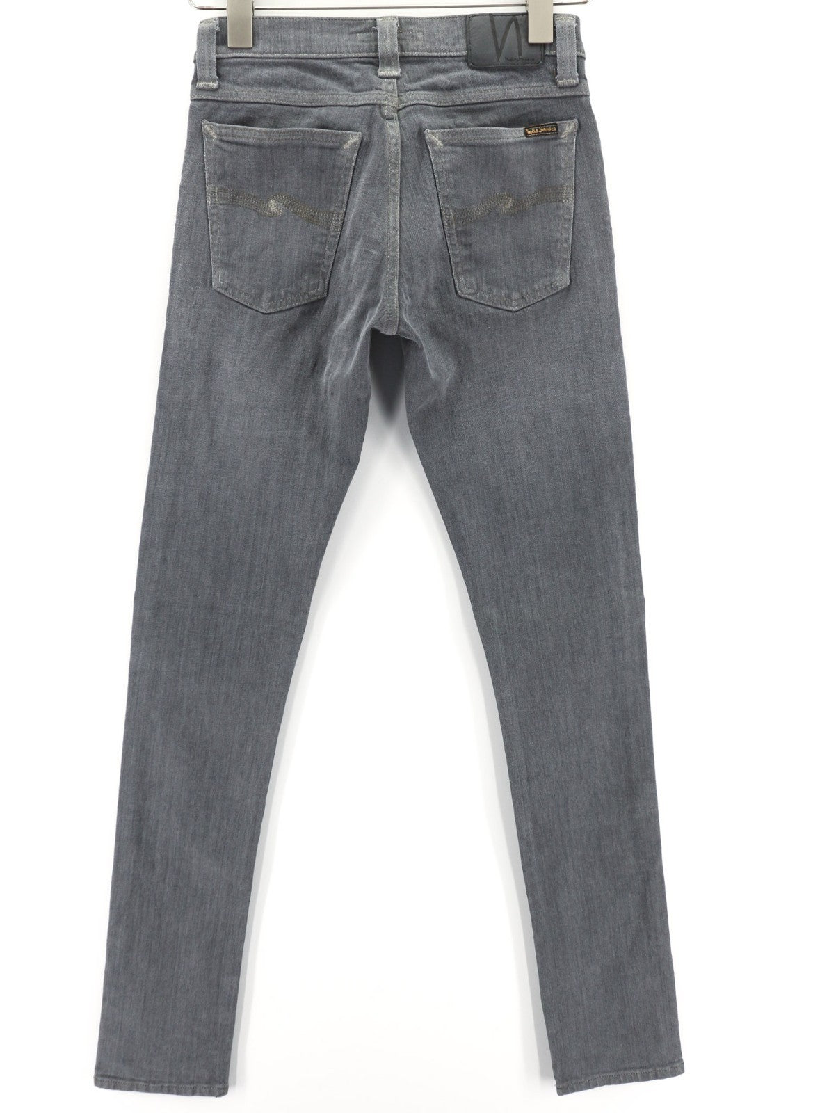 NUDIE JEANS aptempti ilgi moteriški džinsai W26/L34 tamsiai pilki, ploni, ekologiški 