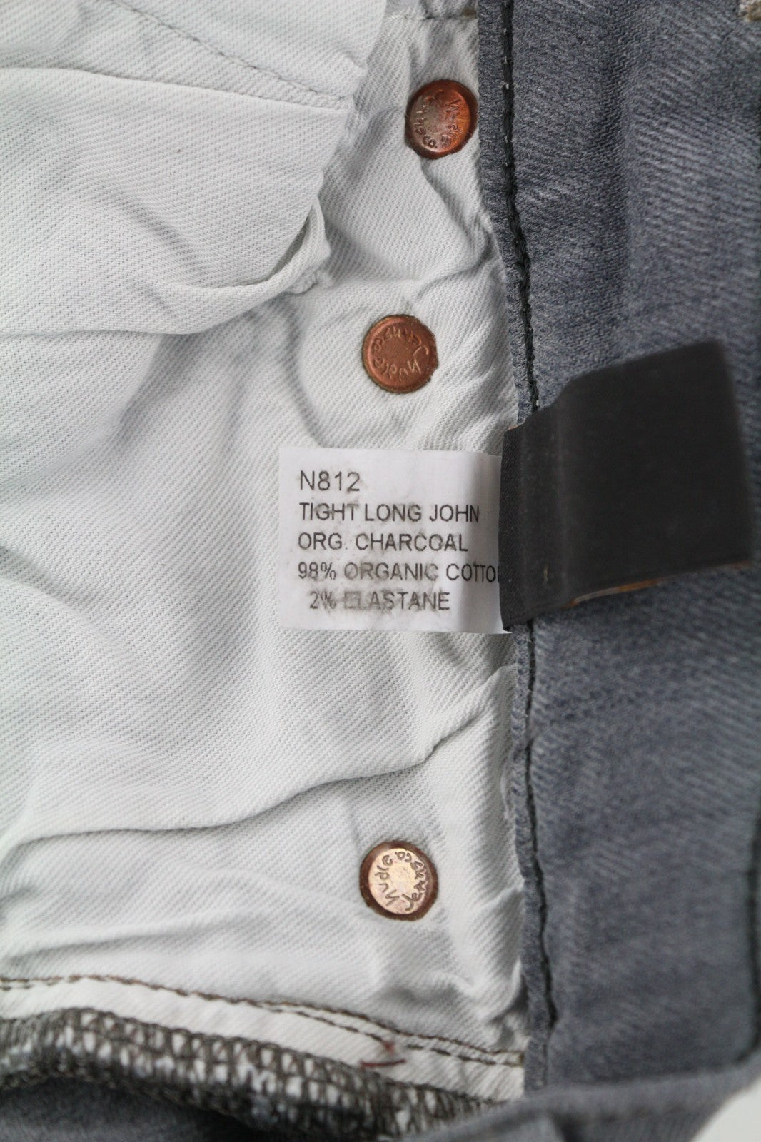 NUDIE JEANS aptempti ilgi moteriški džinsai W26/L34 tamsiai pilki, ploni, ekologiški 