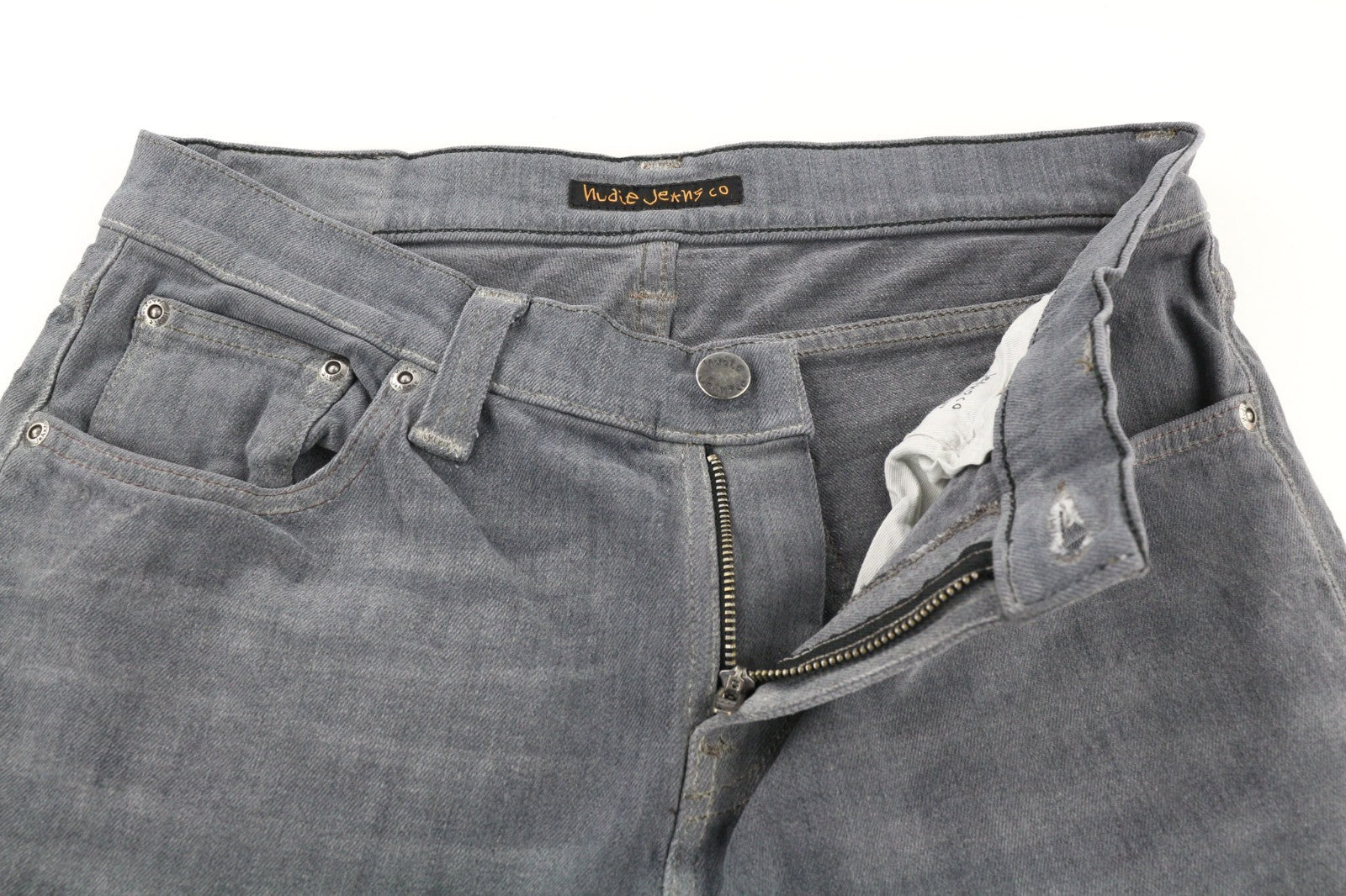 NUDIE JEANS vyriški aptempti ilgi džinsai W29/L34 tamsiai pilki, ploni, skalbti 