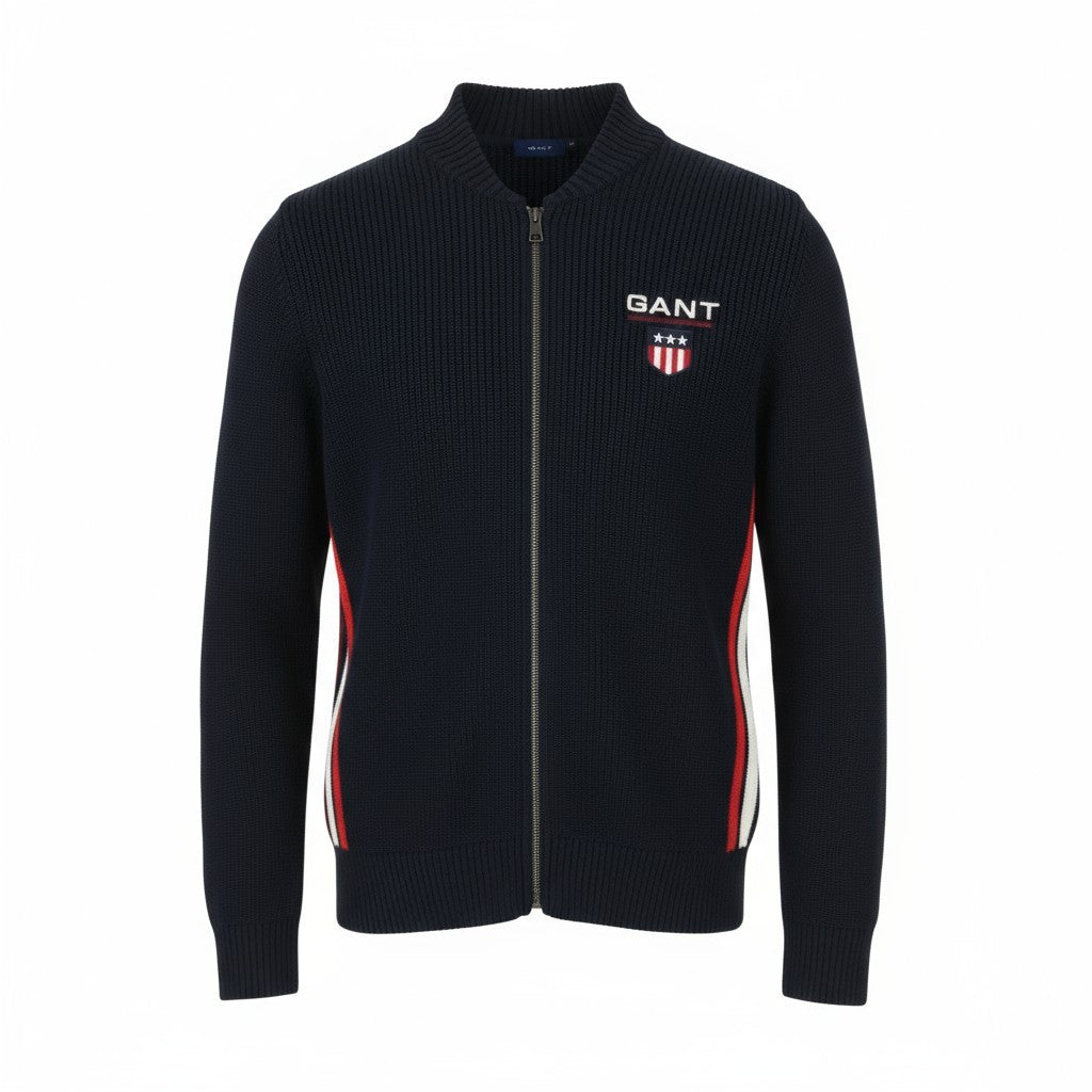 GANT Retro Shield Full Zip Men Jumper L Evening Blue Cotton Knitted Bomber Neck