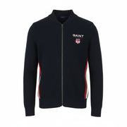 GANT Retro Shield Full Zip Men Jumper L Evening Blue Cotton Knitted Bomber Neck