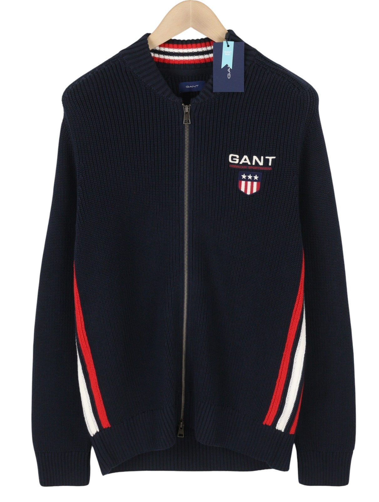 GANT Retro Shield Full Zip Men Jumper L Evening Blue Cotton Knitted Bomber Neck