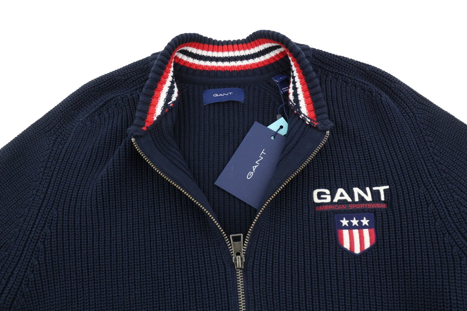 GANT Retro Shield Full Zip Men Jumper L Evening Blue Cotton Knitted Bomber Neck