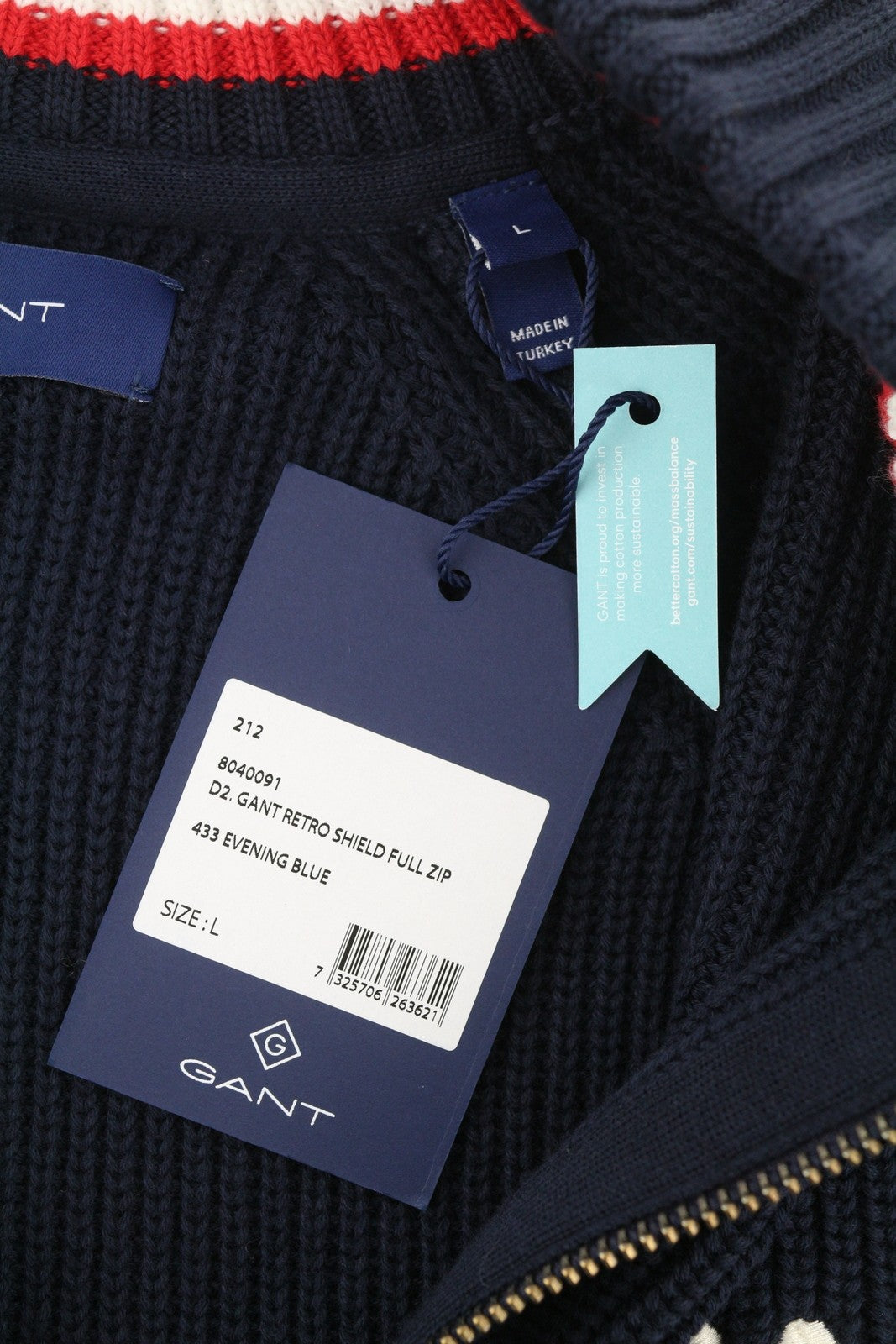 GANT Retro Shield Full Zip Men Jumper L Evening Blue Cotton Knitted Bomber Neck