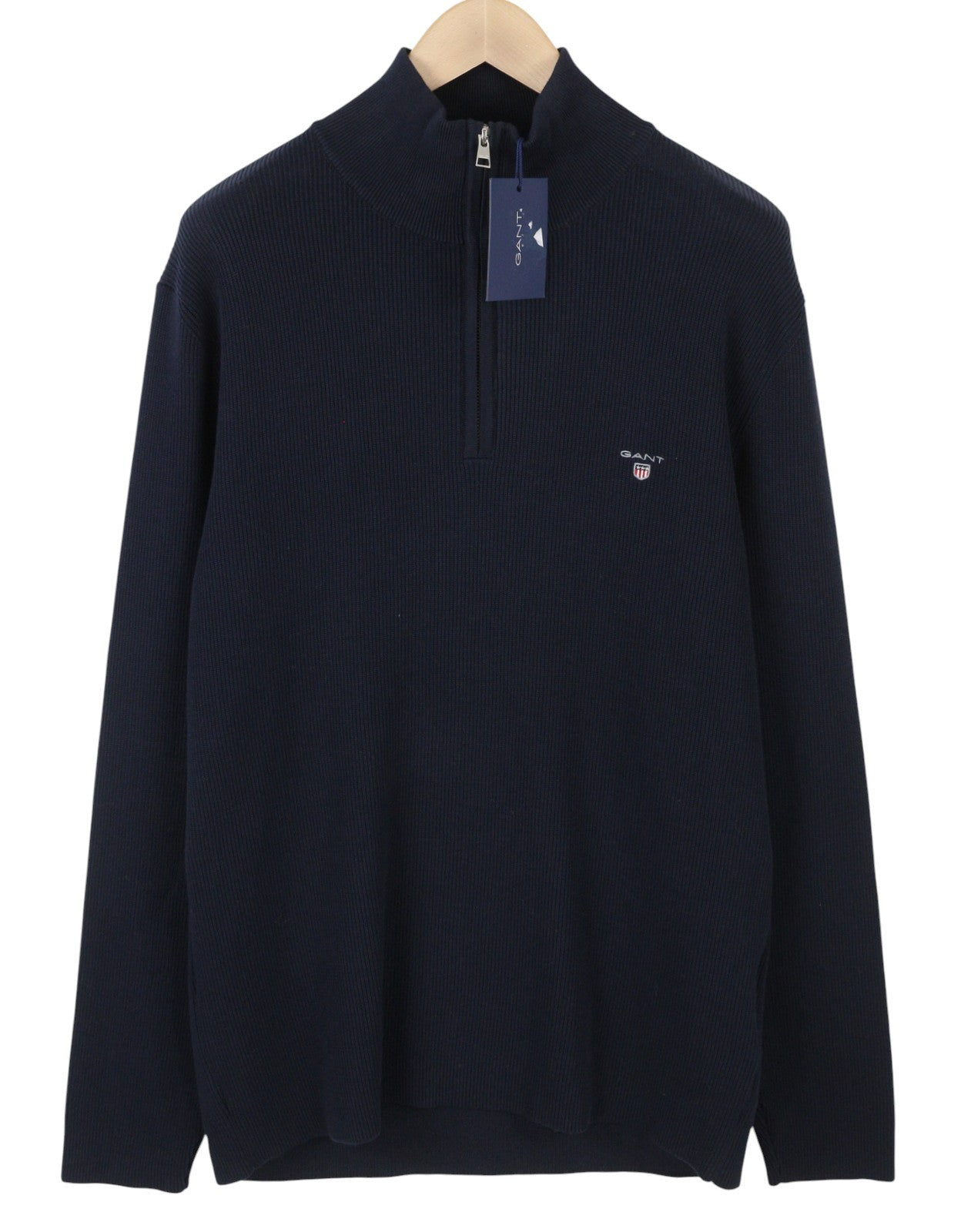 GANT Men Jumper 2XL Dark Blue Cotton Tight-Knit Half Zip Neck Logo Pullover