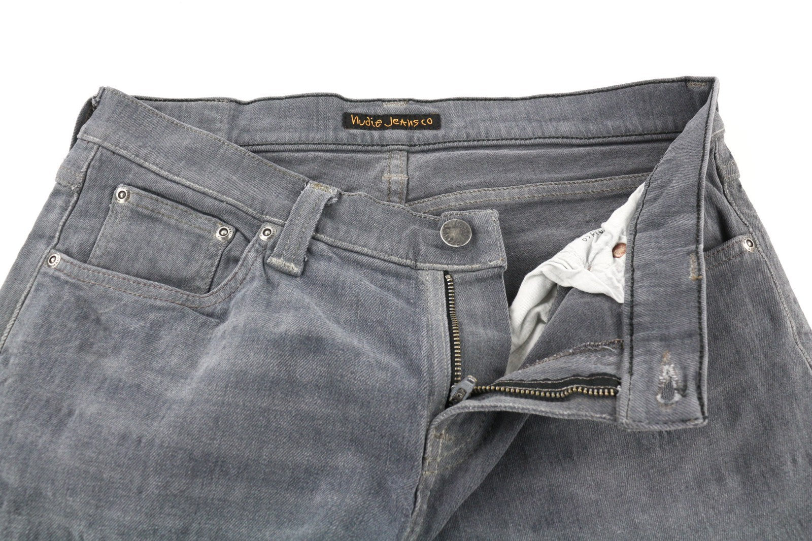 NUDIE JEANS vyriški aptempti ilgi džinsai W31/L34 tamsiai pilki, ploni, ekologiški 