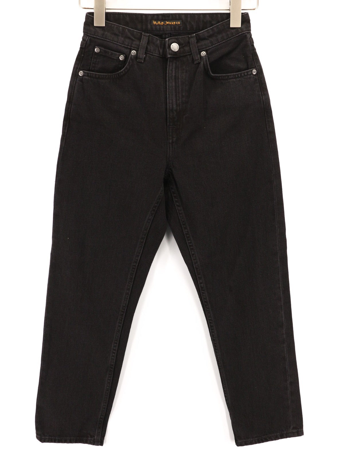 NUDIE JEANS Breezy Britt moteriški džinsai W25/L26 juodi su užtrauktuku ir logotipu, dėvimi džinsai 