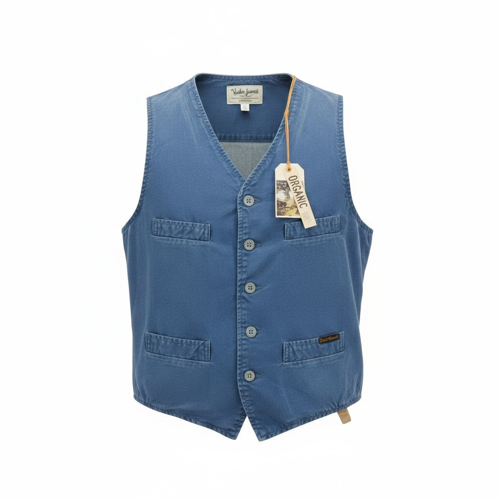 NUDIE JEANS Gustav Men's Vest M Oden Blue Organic Thin Lined Pockets