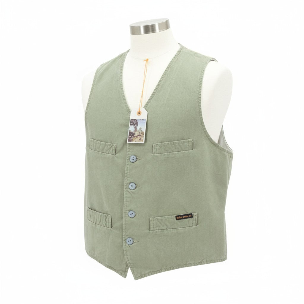 NUDIE JEANS Gustav Men's Vest M Beech Green Organic Button Lined Pockets