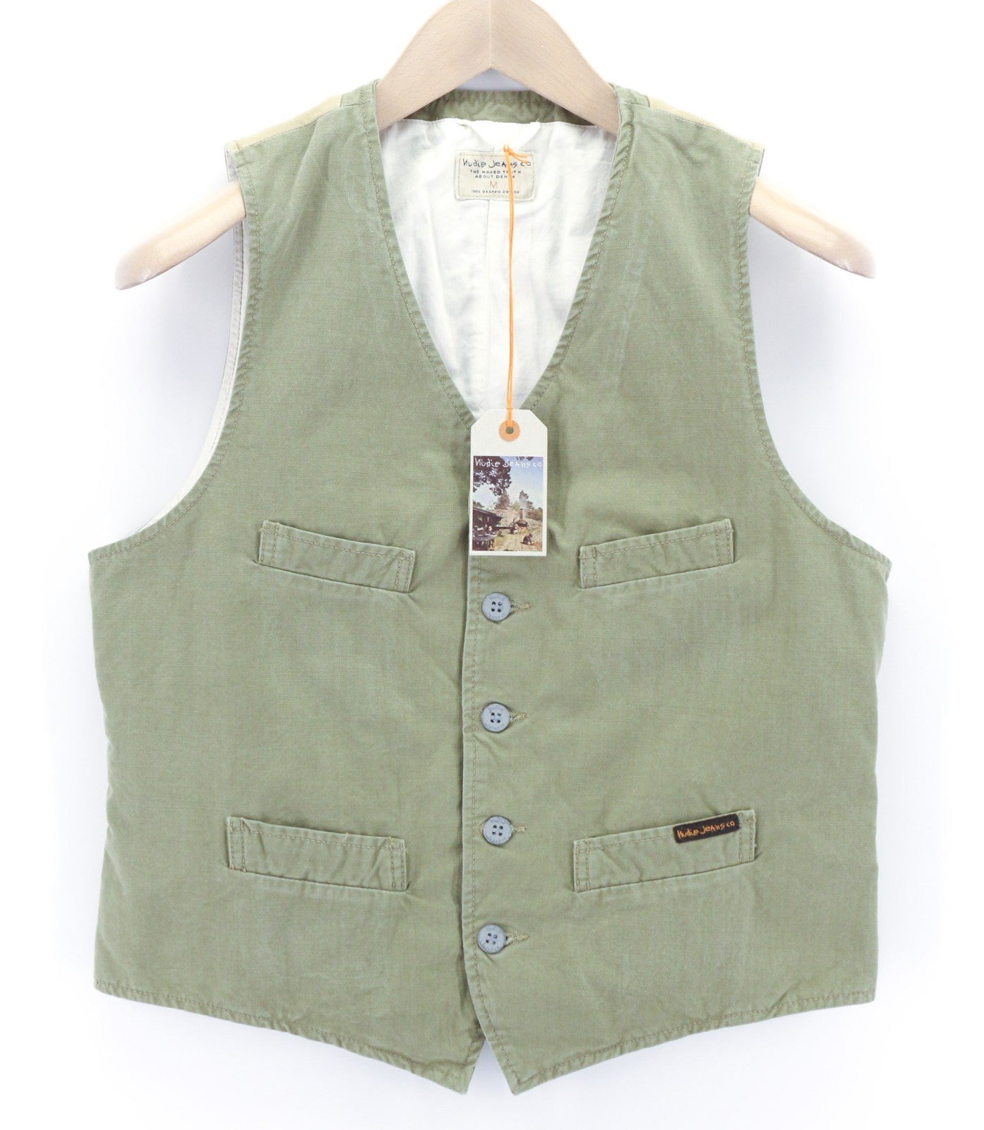 NUDIE JEANS Gustav Men's Vest M Beech Green Organic Button Lined Pockets
