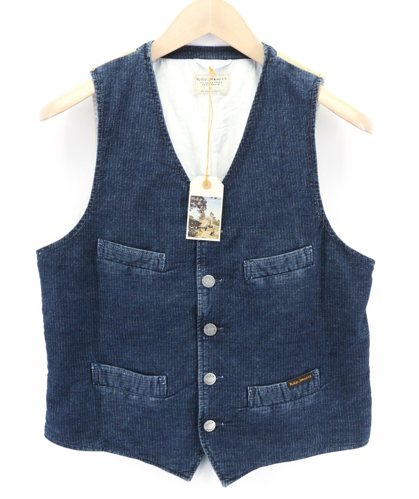 NUDIE JEANS Gustav Men's Vest M Worker Stripe Blue Denim Look Lined Logo