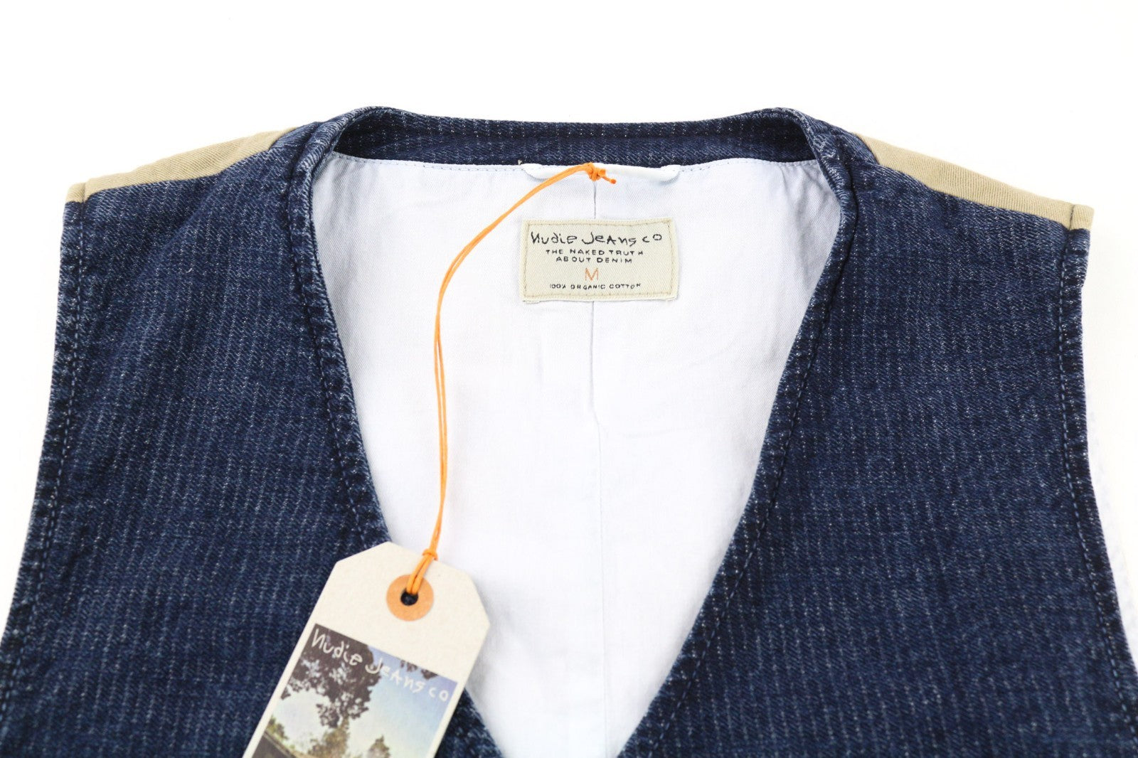 NUDIE JEANS Gustav Men's Vest M Worker Stripe Blue Denim Look Lined Logo