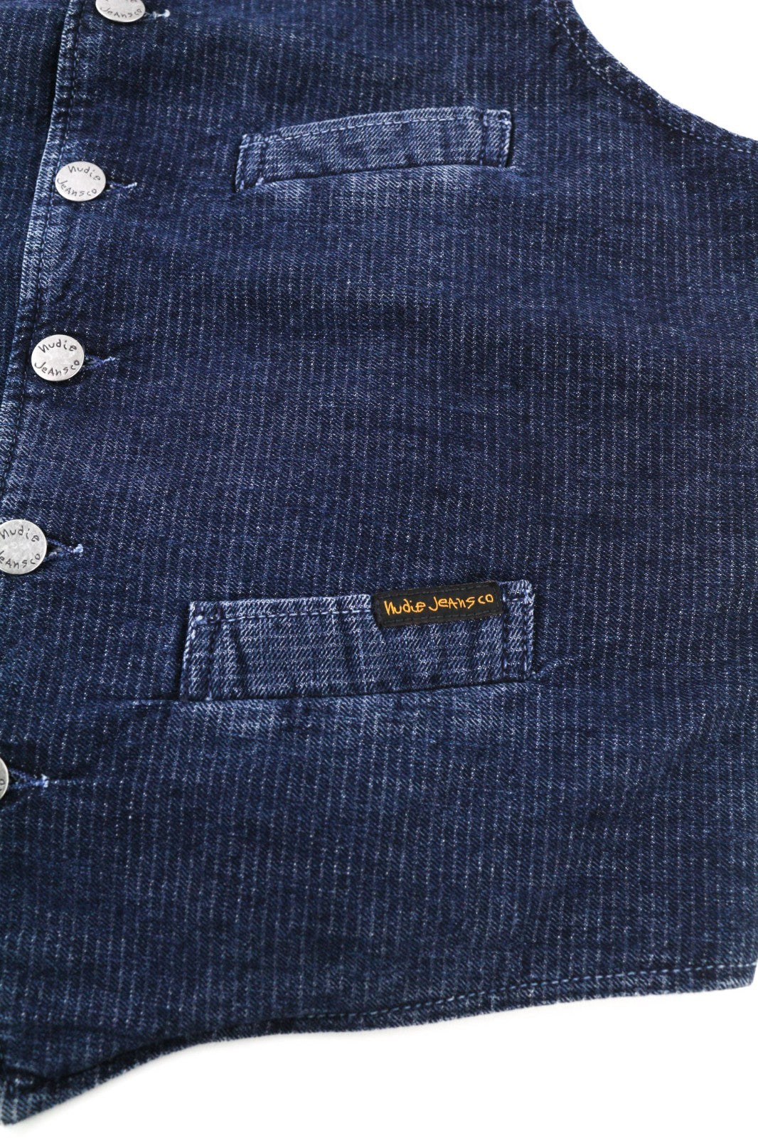 NUDIE JEANS Gustav Men's Vest M Worker Stripe Blue Denim Look Lined Logo