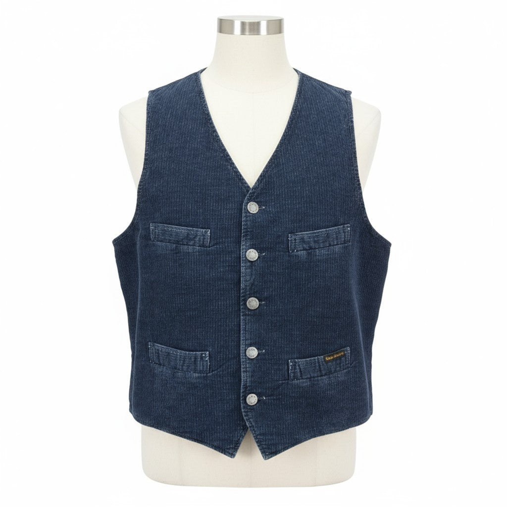 NUDIE JEANS Gustav Men's Vest M Worker Stripe Dark Blue Lined Button Logo
