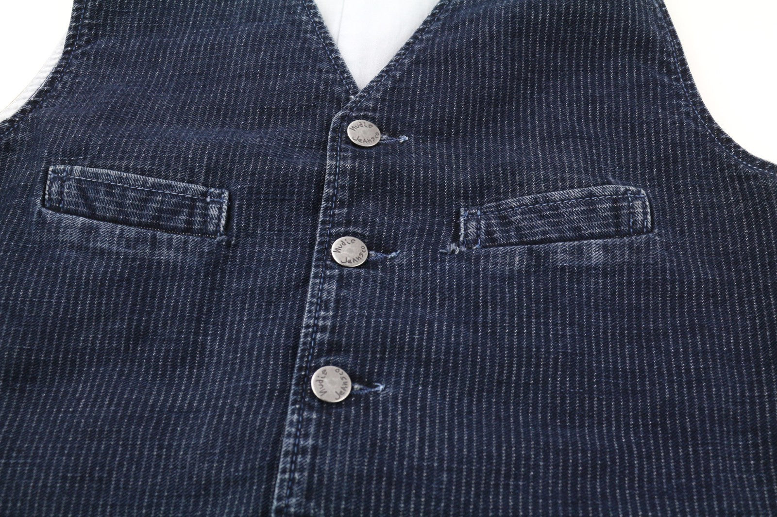 NUDIE JEANS Gustav Men's Vest M Worker Stripe Dark Blue Lined Button Logo