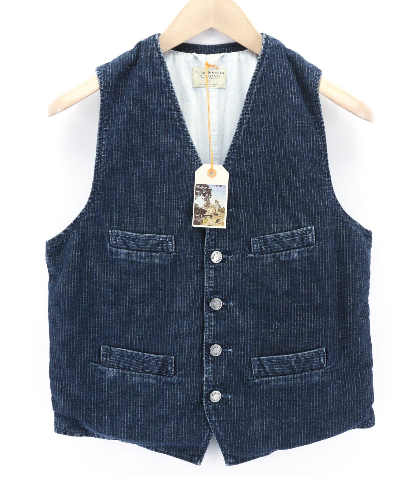NUDIE JEANS Gustav Men's Vest M Worker Stripe Dark Blue Lined Button Logo