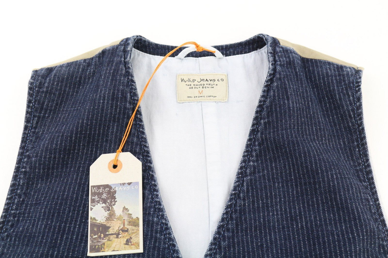 NUDIE JEANS Gustav Men's Vest M Worker Stripe Dark Blue Lined Button Logo