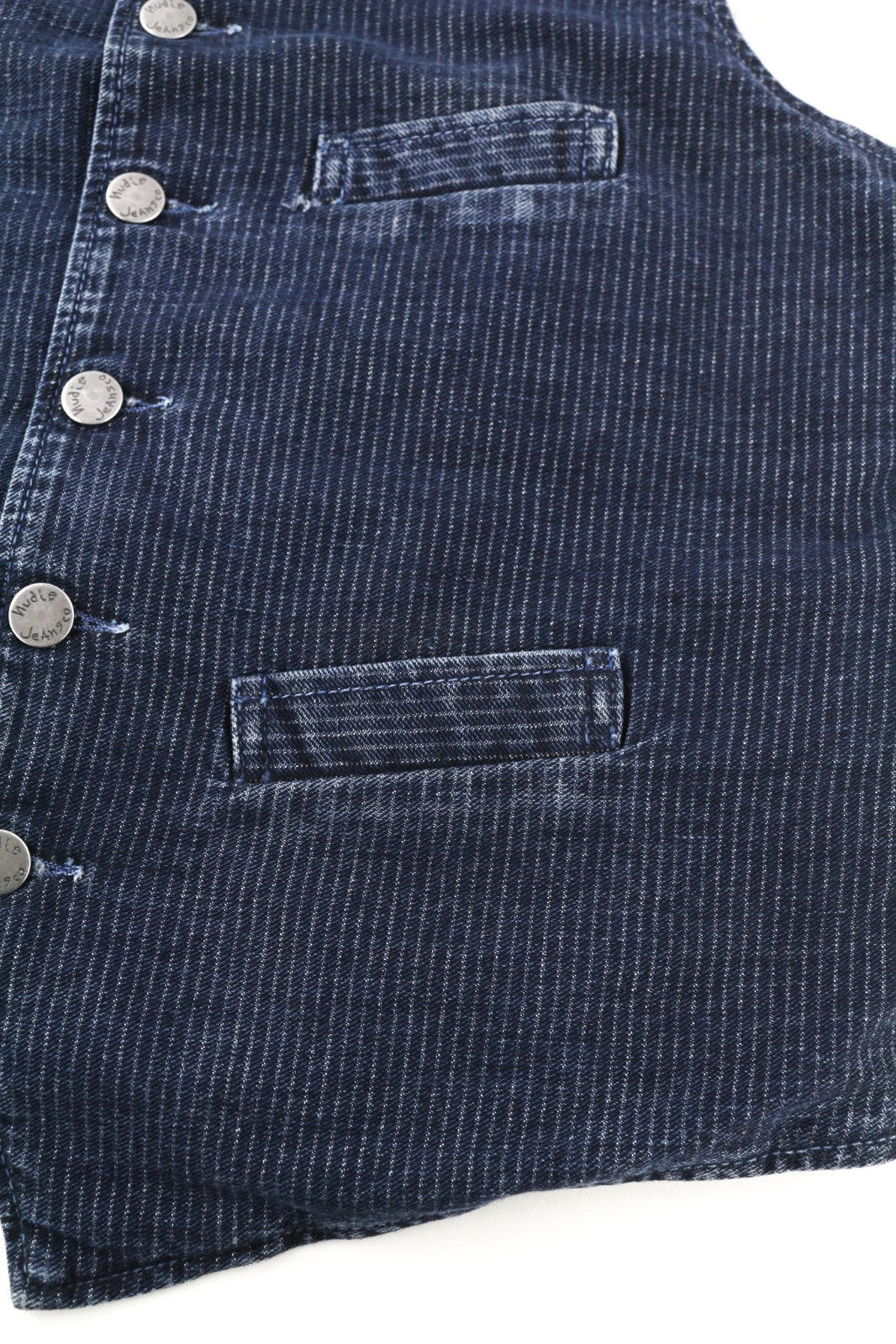 NUDIE JEANS Gustav Men's Vest M Worker Stripe Dark Blue Lined Button Logo