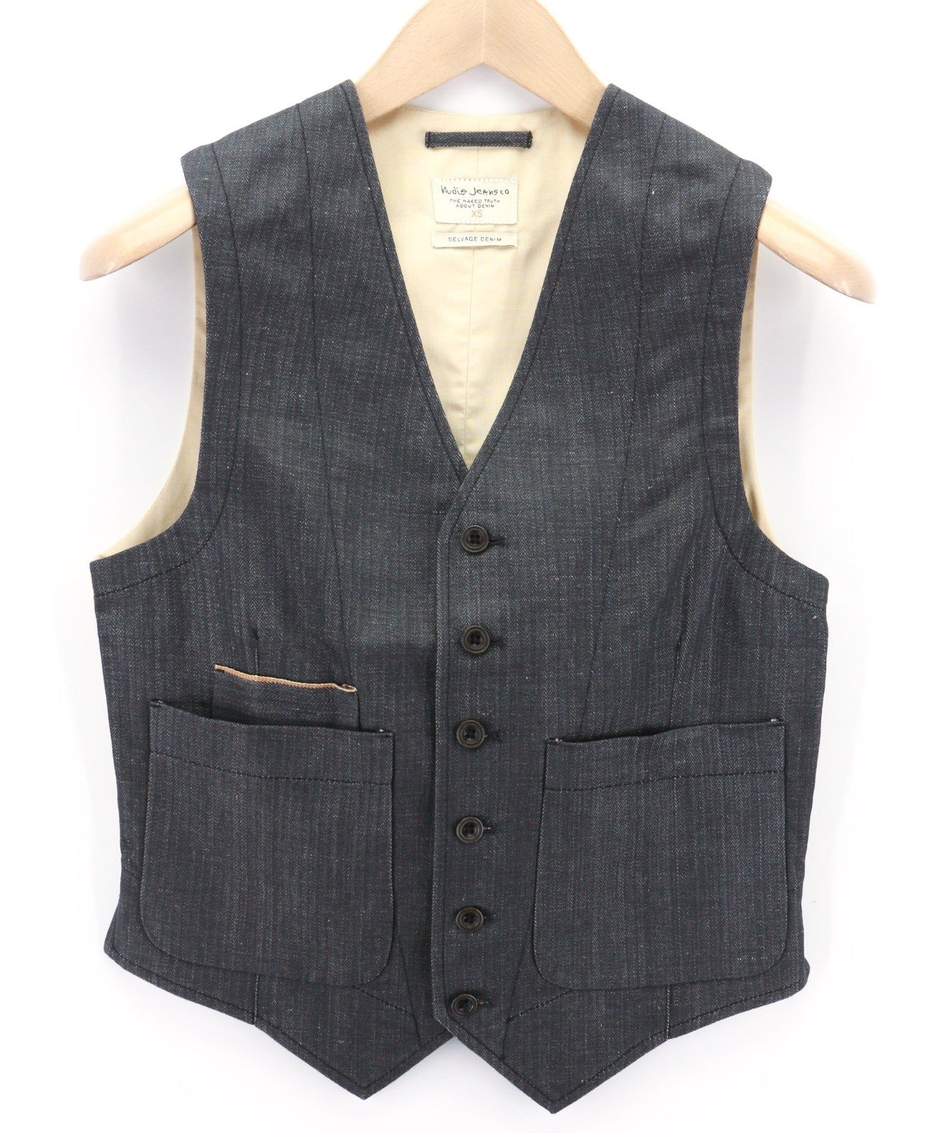 NUDIE JEANS Eino Broken Selvage Men's Vest XS Blue Button Lined Pockets