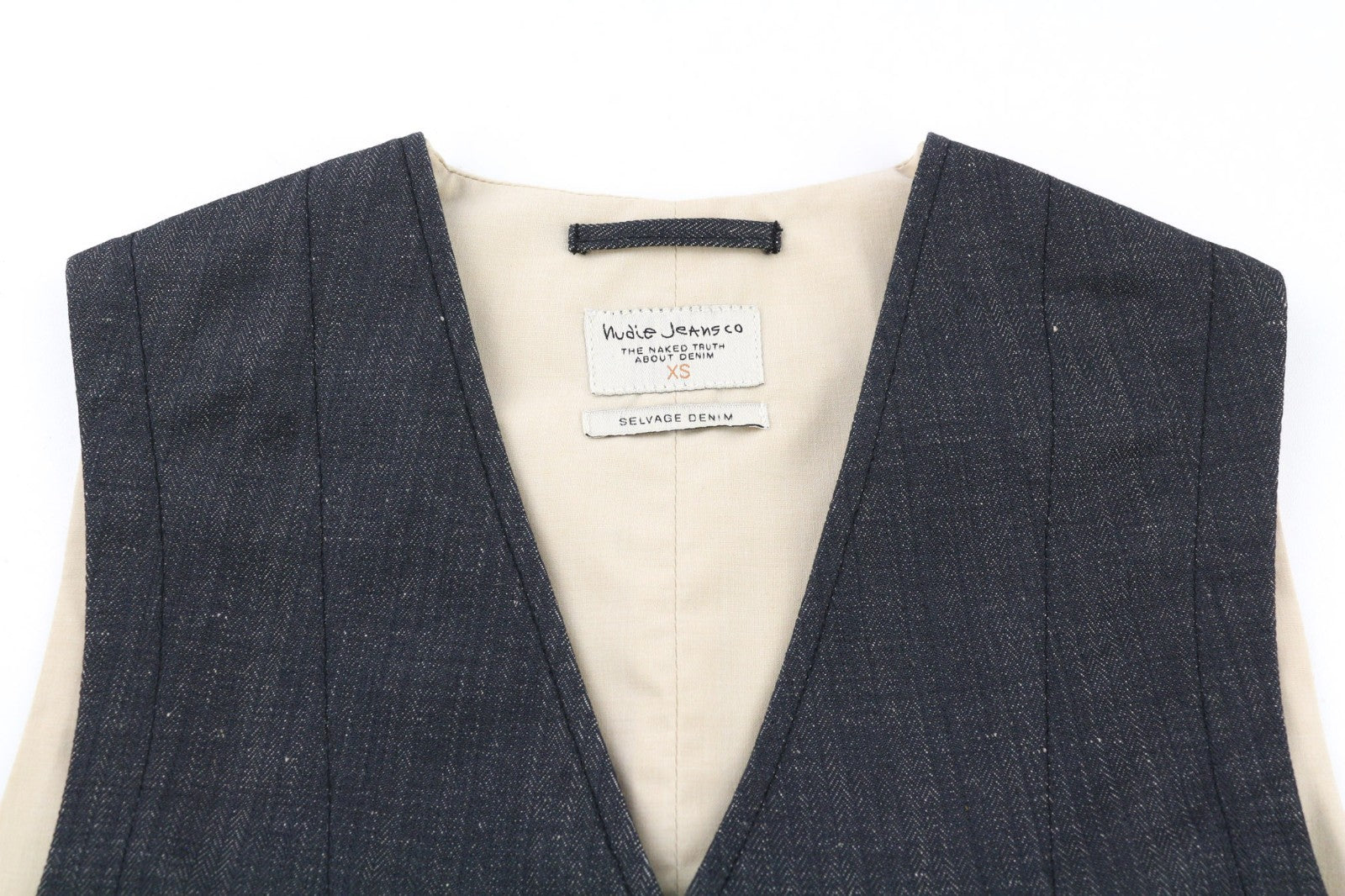 NUDIE JEANS Eino Broken Selvage Men's Vest XS Blue Button Lined Pockets