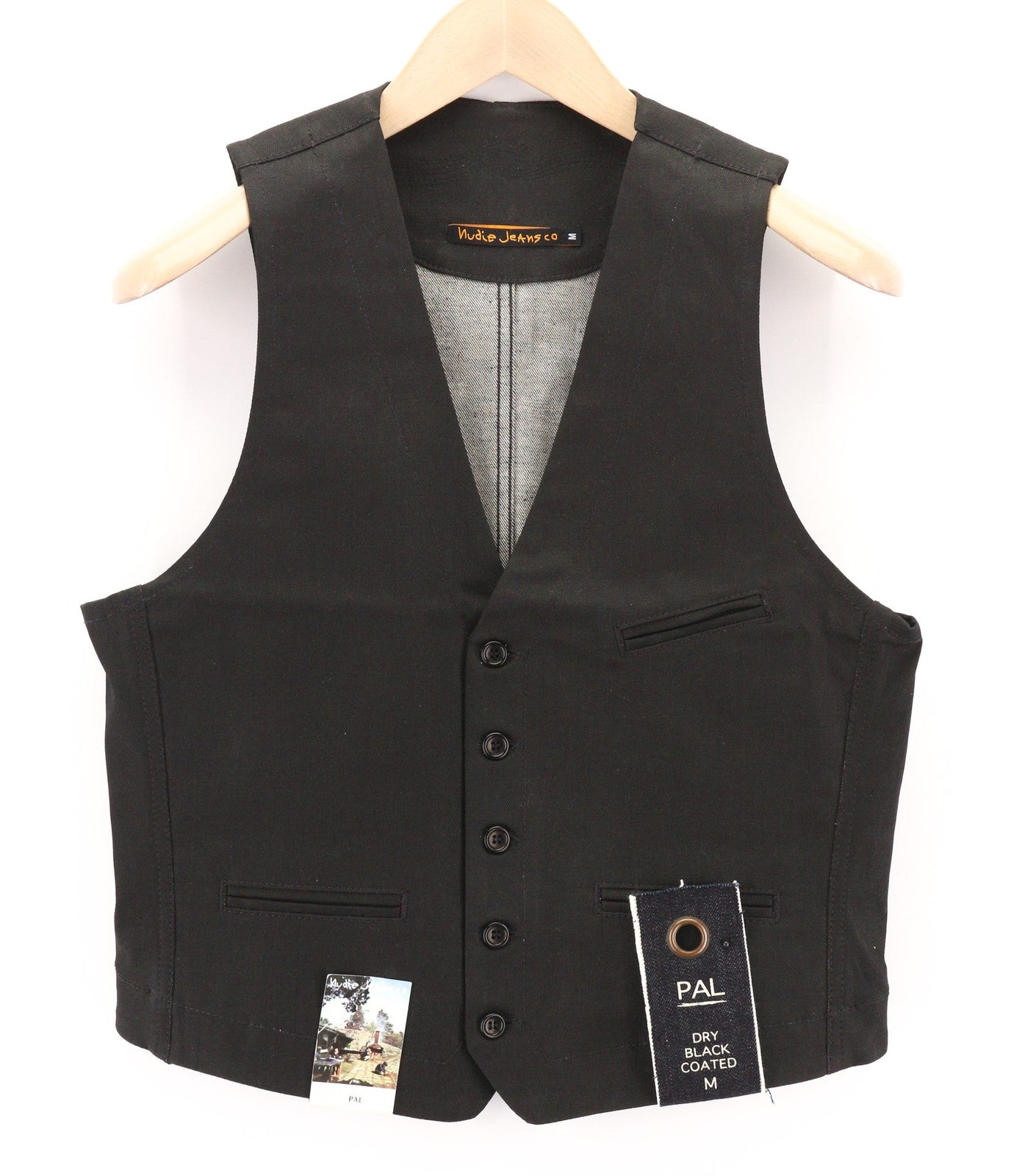 NUDIE JEANS Pal Men's Vest M Dry Black Coated Half Belt Button Unlined