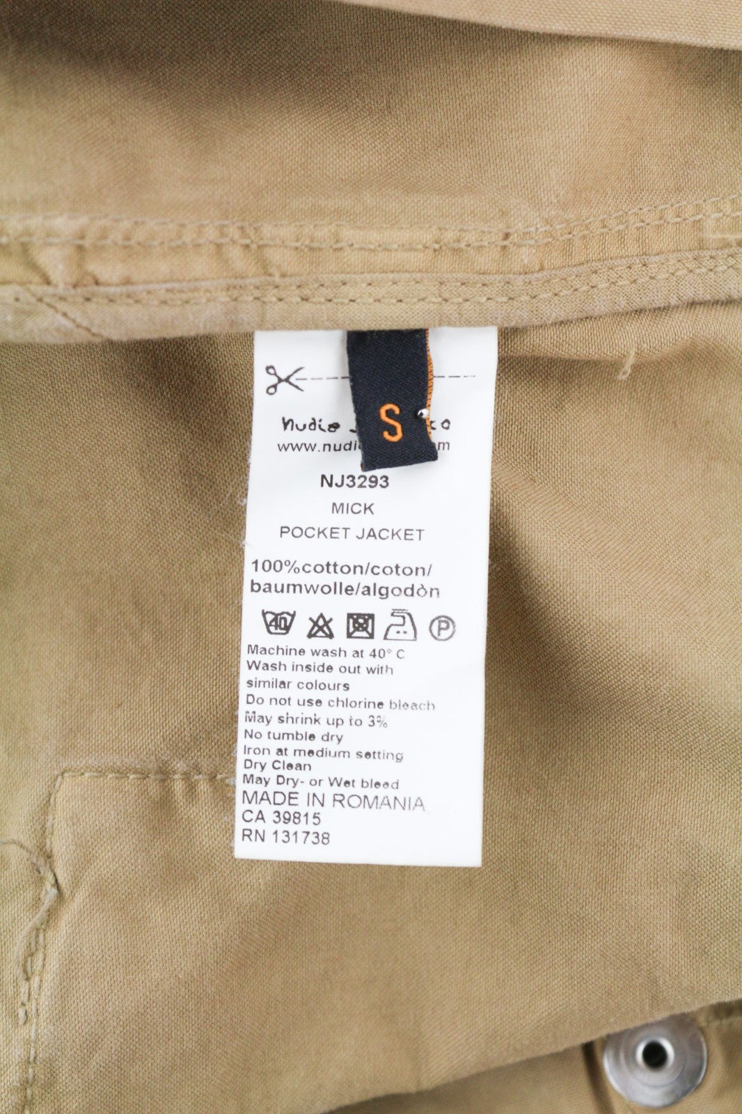 NUDIE JEANS Mick Men's Jacket S Brown Zip Patch Pockets Cuff Unlined