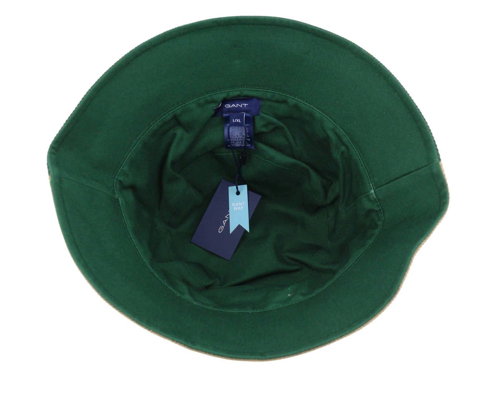 GANT virvelinė kibiro formos vyriška kepurė su L/XL dydžio daugiaspalve medvilnine priekine logotipu ir pamušalu. 