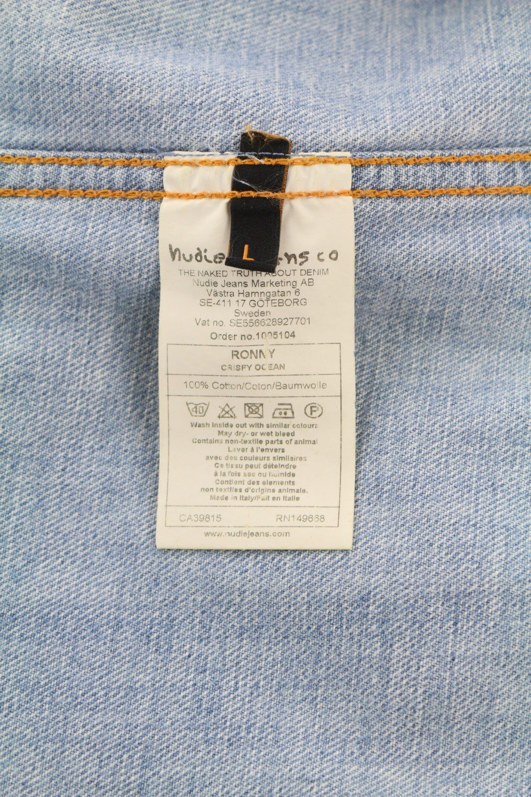 NUDIE JEANS Ronny Men's Jacket L Denim Crispy Ocean Washed Spread Neck