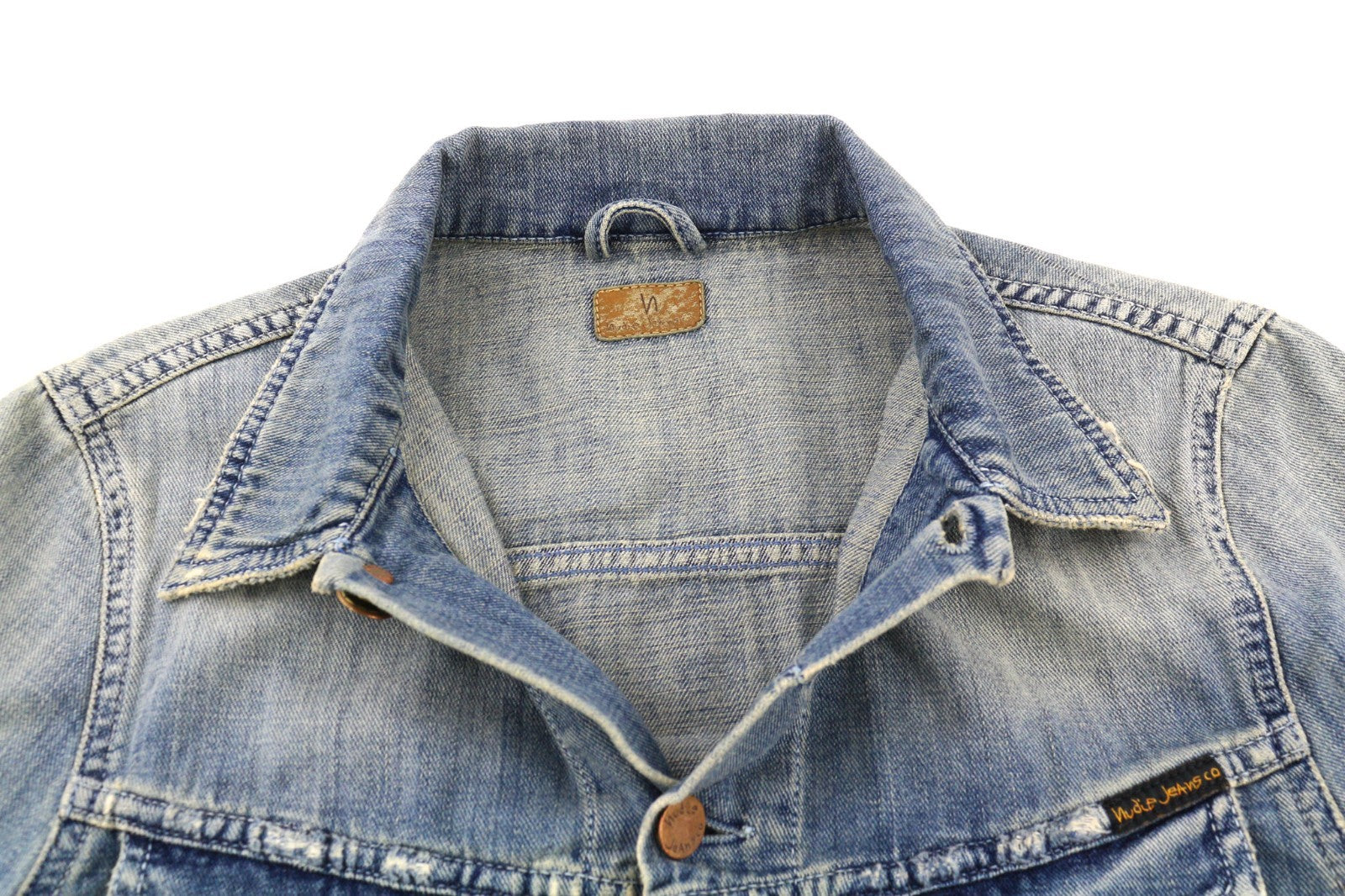 NUDIE JEANS Billy Men's Jacket S Light Denim Button Spread Neck Logo