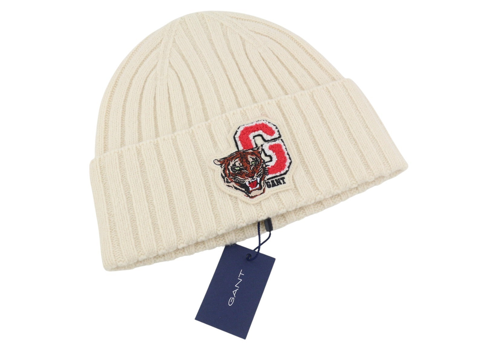 GANT Tiger Knitted Beanie Men Hat OS Cream Wool Tight-Knit Patch Logo Stretch