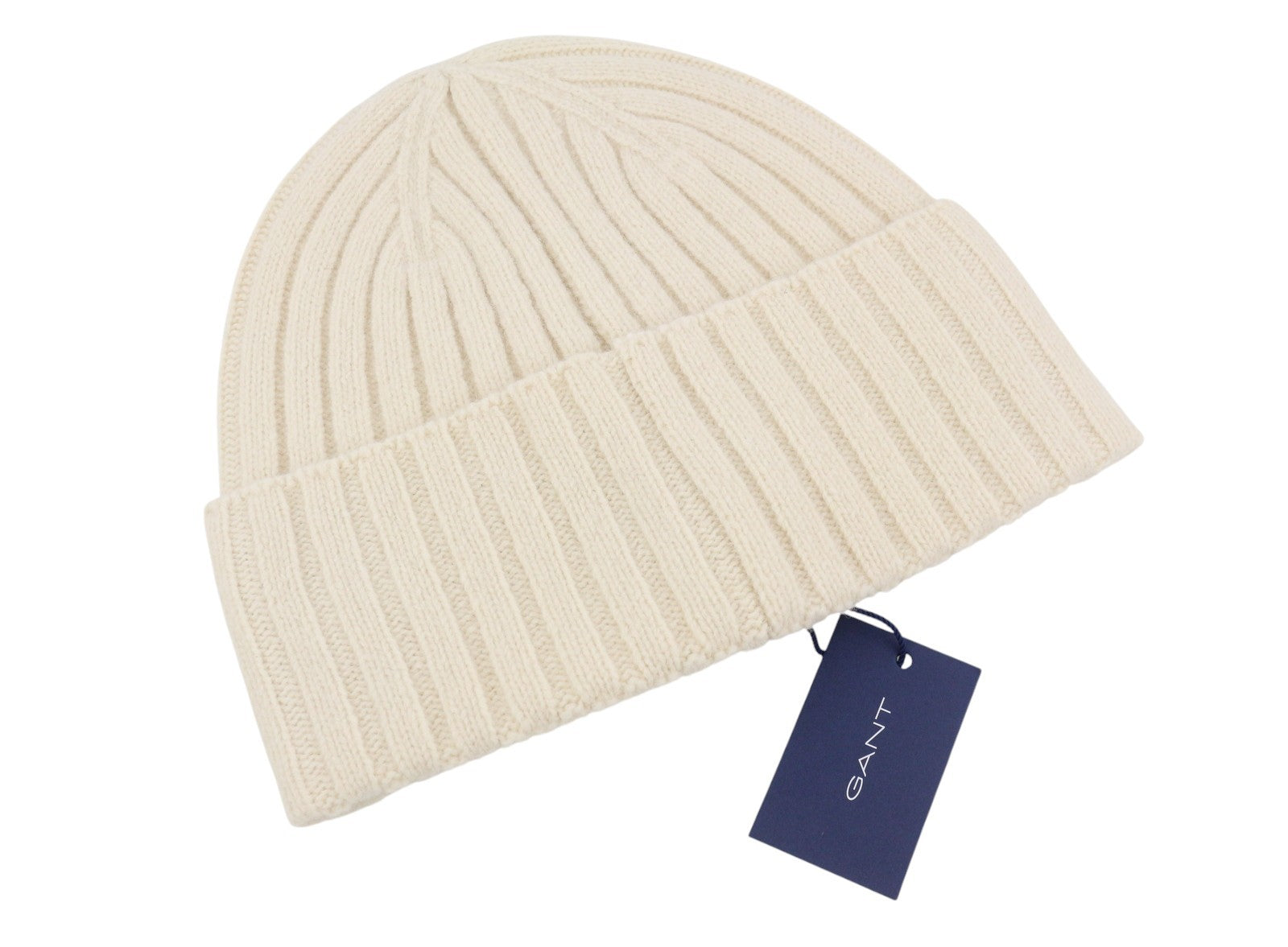 GANT Tiger Knitted Beanie Men Hat OS Cream Wool Tight-Knit Patch Logo Stretch