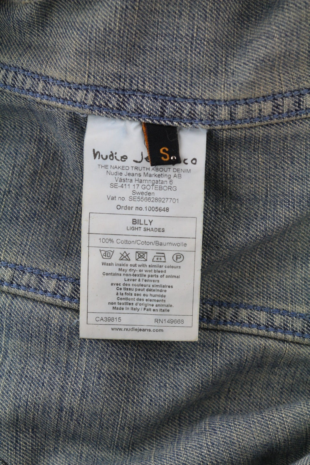 NUDIE JEANS Billy Men's Jacket S Light Blue Denim Button Spread Logo