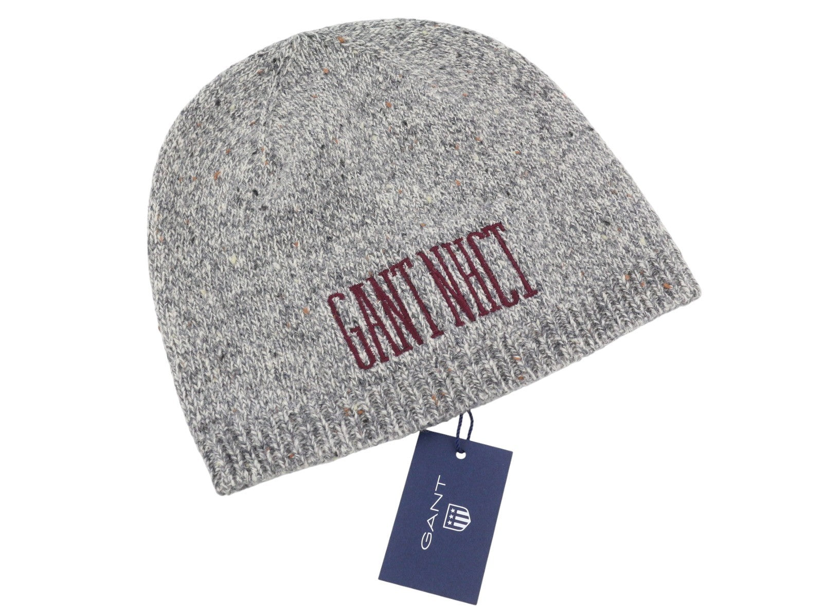 GANT Donegal Beanie Men Hat OS Light Grey Melange Wool Blend Tight-Knit Logo