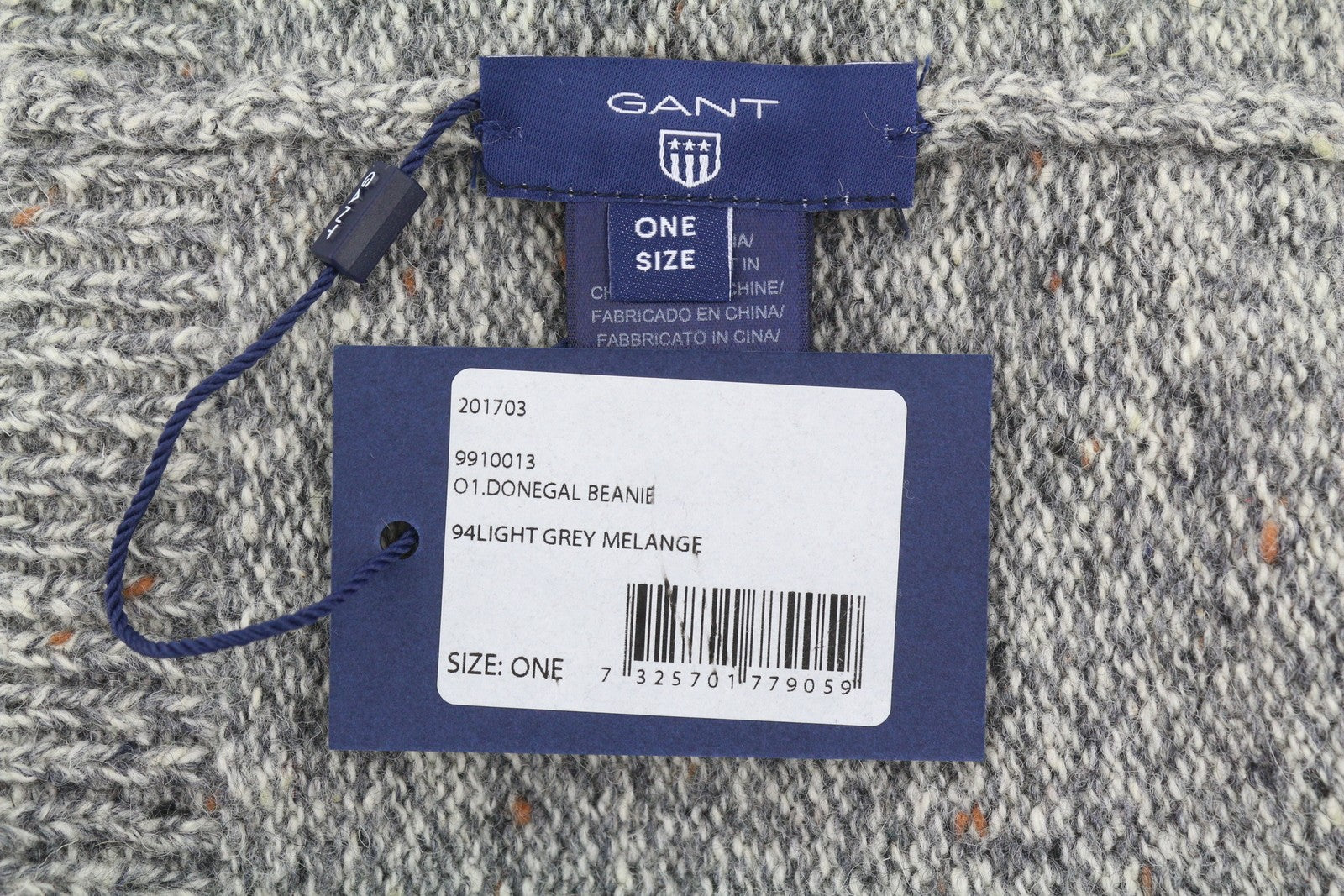 GANT Donegal Beanie Men Hat OS Light Grey Melange Wool Blend Tight-Knit Logo