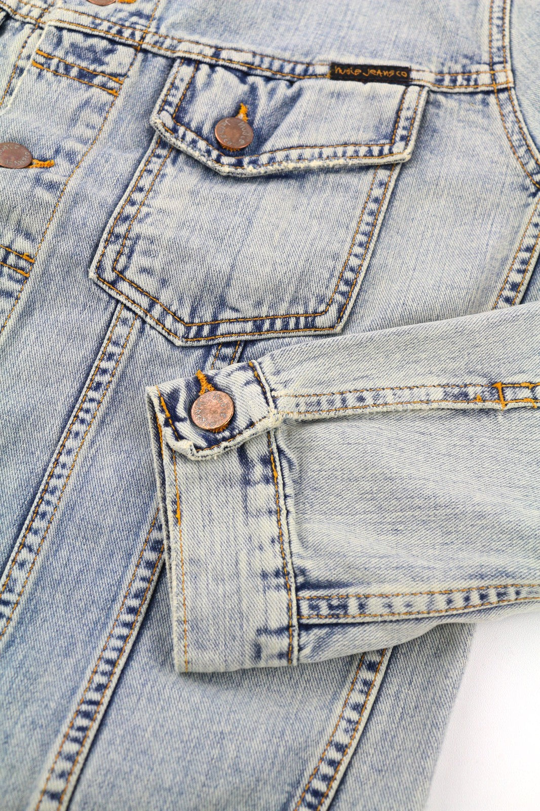 NUDIE JEANS Terry Men's Jacket S Bleach Blue Denim Spread Button Logo