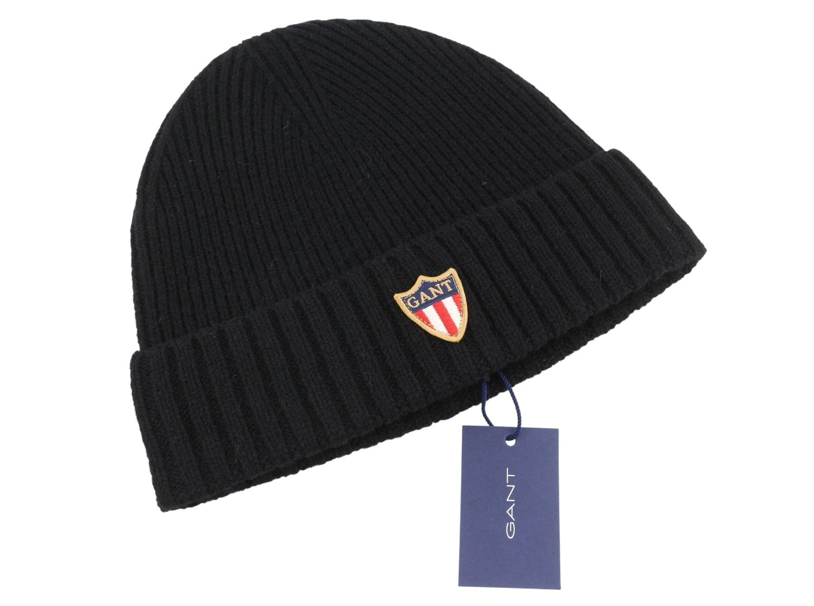 GANT Banner Shield Beanie Men Hat OS Black Wool Tight-Knit Patch Logo Stretch