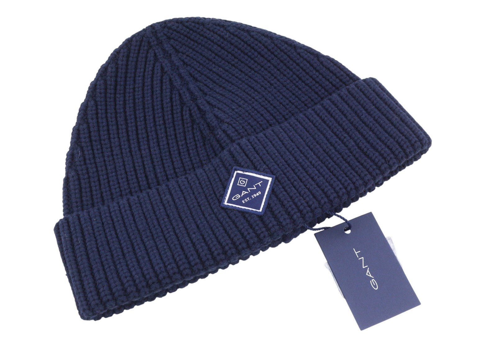 GANT Men Hat OS Dark Blue Wool Blend Tight-Knit Patch Logo Stretch Beanie